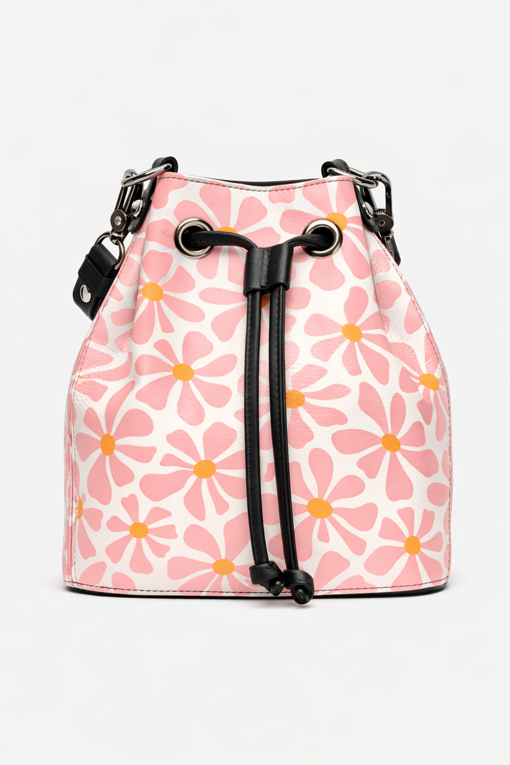 Pink floral bucket bag with black drawstring on a white background